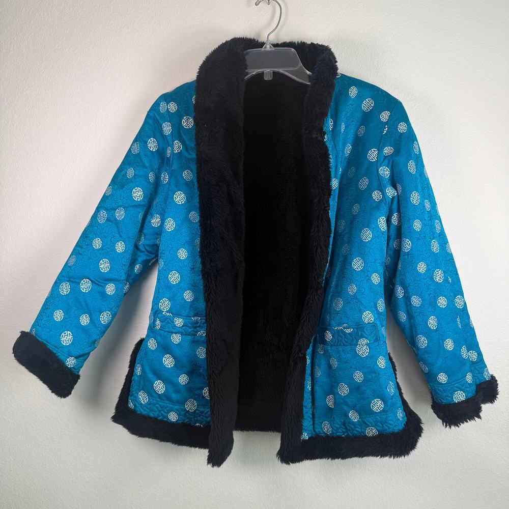 Vintage Oriental Asian Black Blue Fur Shearling Coat Size S M Silk Eclectic